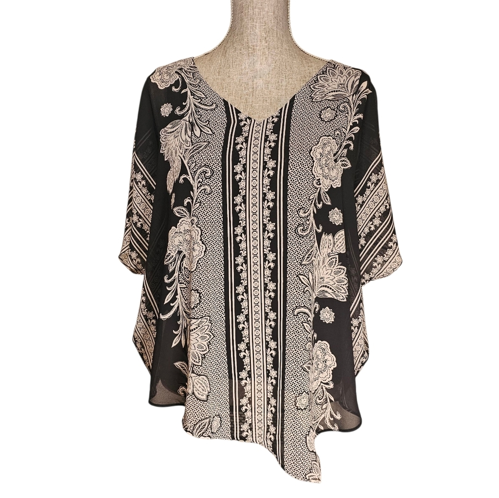 Flowy Kaftan Boho Poncho Tunic Top - Women's Size L - Floral Cottagecore Grandma